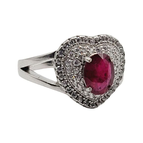 925 Sterling Silver Rhodium Plated Genuine Ruby Clear CZ Heart Shaped Ring - Picture 5 of 9